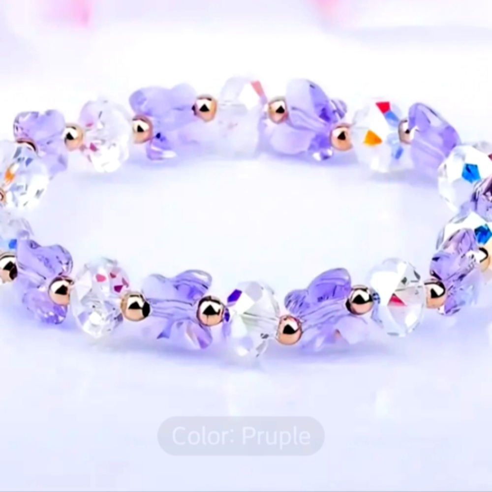 AURORA BOREALIS PURPLE AND WHITE BUTTERFLY STRETCH BRACELET FIT 6to 8 in